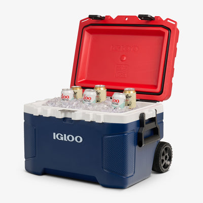 Angle View | Trailmate 52 Qt Roller Cooler::Americana::Dual-sized cup holders