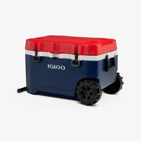 Angle View | Trailmate® 75 Qt Roller Cooler::::Self-draining cup holders 
