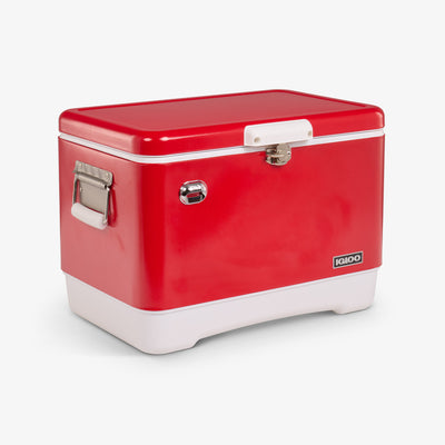 Angle View | Legacy 54 Qt Cooler::Red Star::Built-in bottle opener