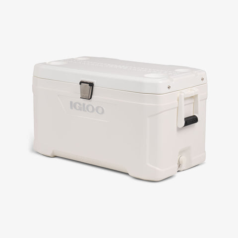 Angle View | Marine Elite 70 Qt Cooler::::Drain plug 