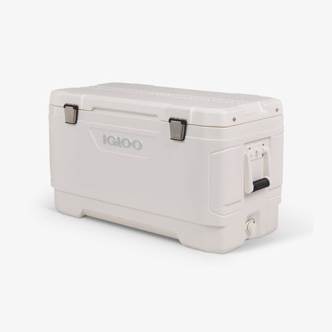 Angle View | Marine Elite 100 Qt Cooler::::Drain plug 