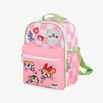 Angle View | The Powerpuff Girls Mini Convertible Backpack Cooler::::Character patch detail on front