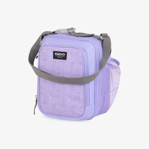 Angle View | Kids Everyday Lunch Vertical Cooler Bag::Lilac::Storage pockets