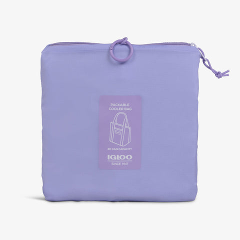 Packed View | Packable Puffer 20-Can Cooler Bag::Lilac::Packs into front zip pocket