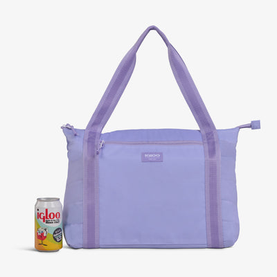 Size View | Packable Puffer 20-Can Cooler Bag::Lilac::Included carabiner