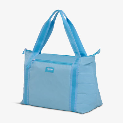 Angle View | Packable Puffer 20-Can Cooler Bag::Powder Blue::Made with recycled fiber