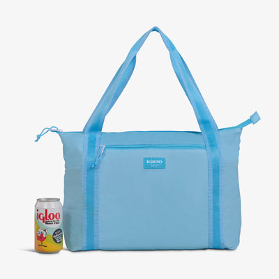 Size View | Packable Puffer 20-Can Cooler Bag::Powder Blue::Included carabiner