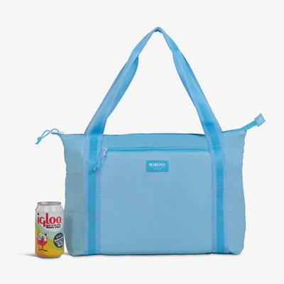 Size View | Packable Puffer 20-Can Cooler Bag::Powder Blue::Included carabiner
