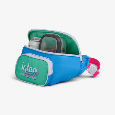 Packed View | Retro Fanny Pack::Carolina Blue::Front zip pocket