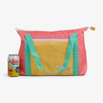 Size View | Retro Packable Puffer 20-Can Cooler Bag::Flamingo::Holds up to 20 cans 