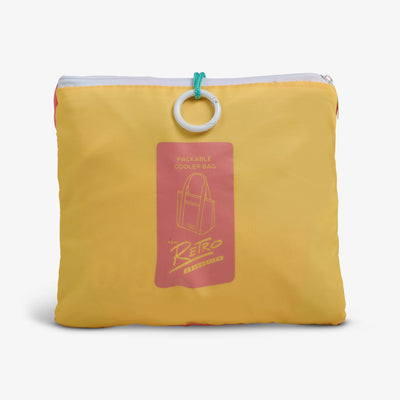 Packed View | Retro Packable Puffer 20-Can Cooler Bag::Flamingo::Included carabiner 