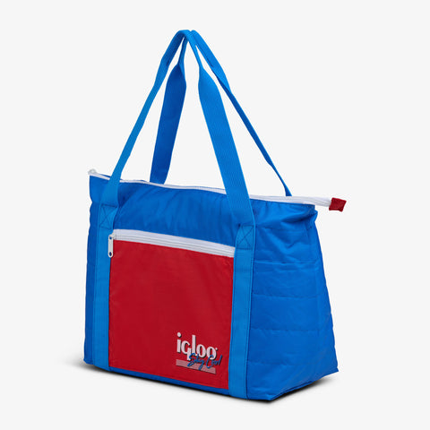 Angle View | Retro Packable Puffer 20-Can Cooler Bag::Americana::Compressible design 