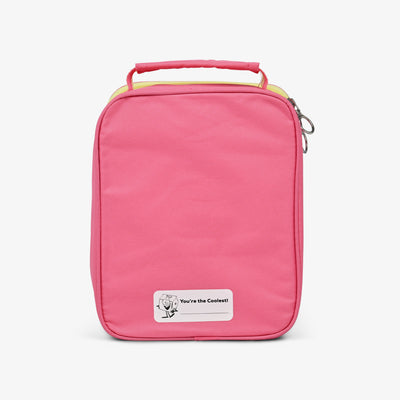 Back View | Kids Lunch Vertical Cooler Bundle (Bento Box + Ice Floor)::Thrift Pink::Name personalization