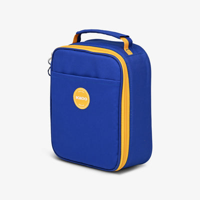 Angle View | Kids Lunch Vertical Cooler Bundle (Bento Box + Ice Floor)::Electric Indigo::Storage pocket