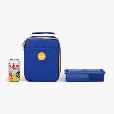 Size View | Kids Lunch Vertical Cooler Bundle (Bento Box + Ice Floor)::Electric Indigo::Holds up to 4 cans