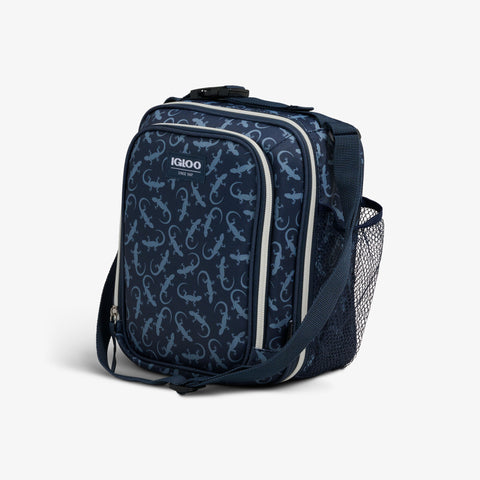 Angle View | Kids Lunch Glow Vertical Cooler + Bento Box::Lizard Glow::Storage pockets 