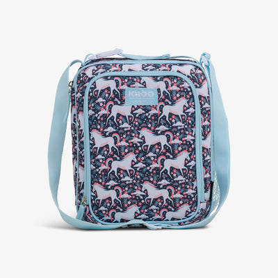 Front View | Kids Lunch Vertical Cooler + Bento Box::Unicorns::Water-resistant exterior 