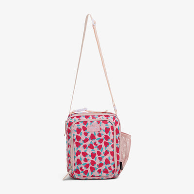 Strap View | Kids Lunch Vertical Cooler + Bento Box::Strawberries::Adjustable shoulder strap 