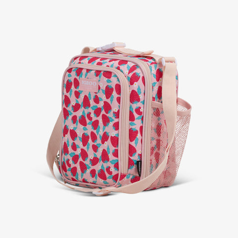 Angle View | Kids Lunch Vertical Cooler + Bento Box::Strawberries::Storage pockets 