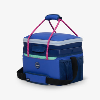 Angle View | Summit Cool Fusion 18-Can Cooler Bag::Electric Indigo::One-touch latch