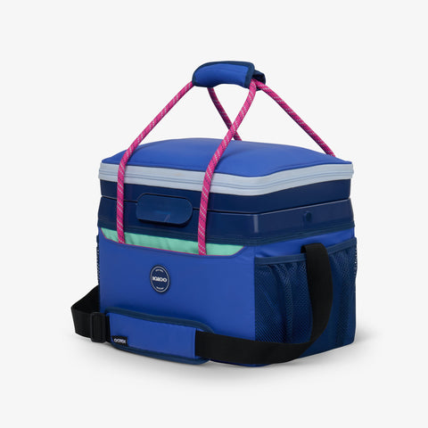 Angle View | Summit Cool Fusion 18-Can Cooler Bag::Electric Indigo::One-touch latch