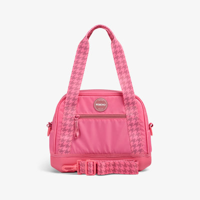 Front View | Tag Along Too 12-Can Satchel Cooler::Thrift Pink::Water-resistant exterior