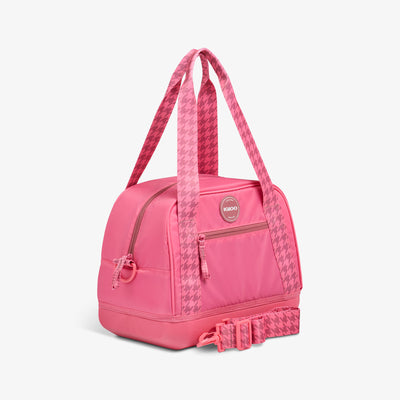 Angle View | Tag Along Too 12-Can Satchel Cooler::Thrift Pink::Adjustable strap
