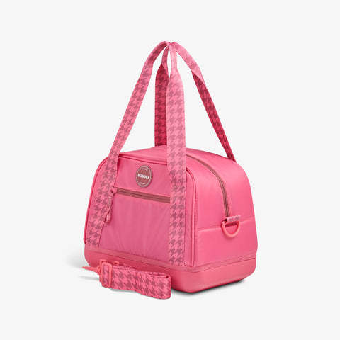 Angle View | Tag Along Too 12-Can Satchel Cooler::Thrift Pink::Storage pocket