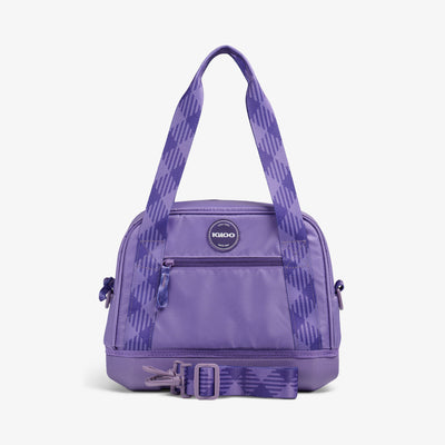Front View | Tag Along Too 12-Can Satchel Cooler::Dusted Grape::Water-resistant exterior