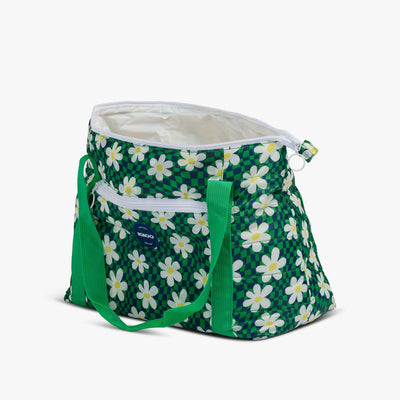 Open View | Retro Packable Puffer 20-Can Cooler Bag::Psychedelic Daisy::Made with recycled polyester 