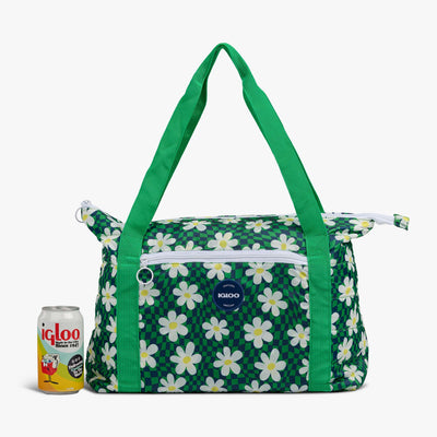 Size View | Retro Packable Puffer 20-Can Cooler Bag::Psychedelic Daisy::Holds up to 20 cans 
