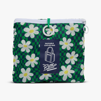 Packed View | Retro Packable Puffer 20-Can Cooler Bag::Psychedelic Daisy::Included carabiner 