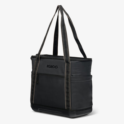 Angle View | Tag Along Too 36-Can Tote Cooler::Luxe Black::Durable EVA base