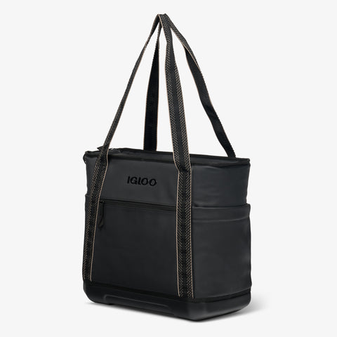 Angle View | Tag Along Too 36-Can Tote Cooler::Luxe Black::Durable EVA base