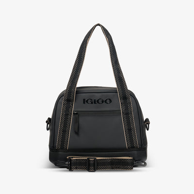 Front View | Tag Along Too 12-Can Satchel Cooler::Luxe Black::Smooth faux leather