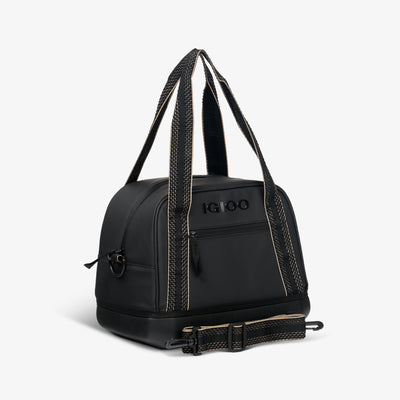 Angle View | Tag Along Too 12-Can Satchel Cooler::Luxe Black::Adjustable strap