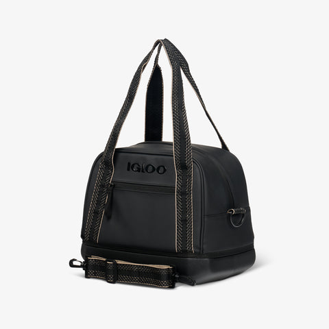 Angle View | Tag Along Too 12-Can Satchel Cooler::Luxe Black::Storage pocket