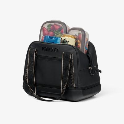 Packed View | Tag Along Too 12-Can Satchel Cooler::Luxe Black::Durable EVA base