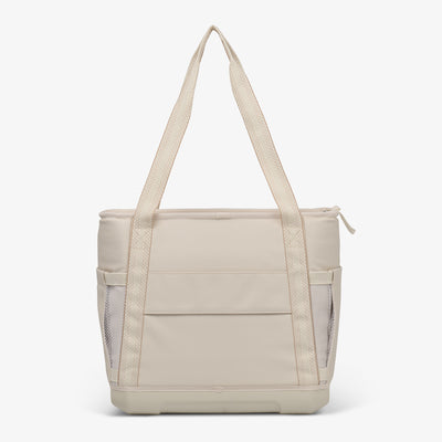Back View | Tag Along Too 36-Can Tote Cooler::Luxe Linen::Trolley pass-through sleeve