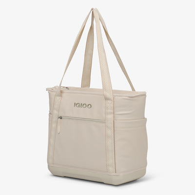 Angle View | Tag Along Too 36-Can Tote Cooler::Luxe Linen::Durable EVA base