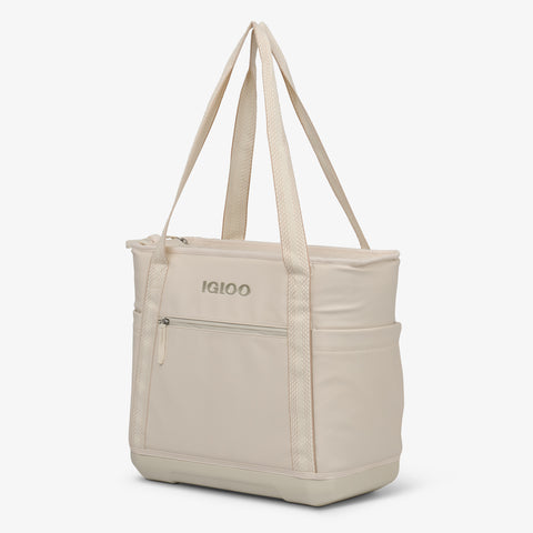 Angle View | Tag Along Too 36-Can Tote Cooler::Luxe Linen::Durable EVA base