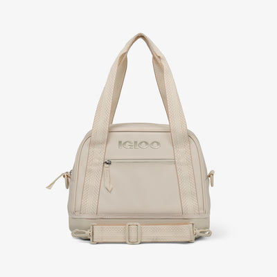 Front View | Tag Along Too 12-Can Satchel Cooler::Luxe Linen::Smooth faux leather
