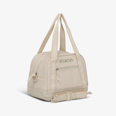 Angle View | Tag Along Too 12-Can Satchel Cooler::Luxe Linen::Adjustable strap