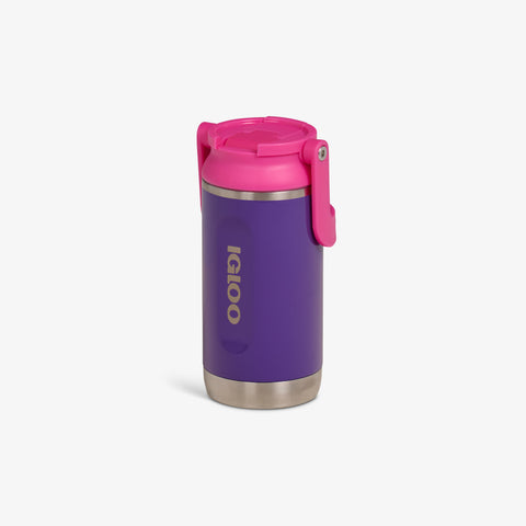 Angle View |12oz Stainless Steel Kids Bottle::Purple/Hot Rod Pink::Fits in standard cup holders 