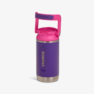 Lid View |12oz Stainless Steel Kids Bottle::Purple/Hot Rod Pink::Tuck Tight handle 