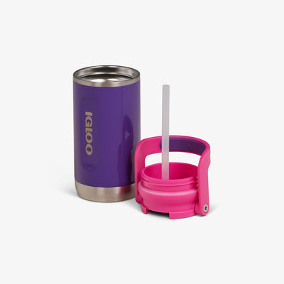 Lid Off View |12oz Stainless Steel Kids Bottle::Purple/Hot Rod Pink::Double-wall, vacuum-insulated 