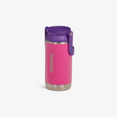 Angle View |12oz Stainless Steel Kids Bottle::Hot Rod Pink/Purple::Fits in standard cup holders