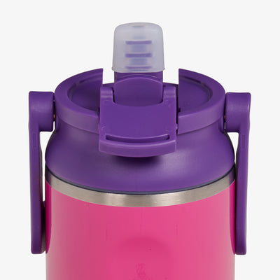 Lid Open View |12oz Stainless Steel Kids Bottle::Hot Rod Pink/Purple::Leakproof Sport Sipper lid