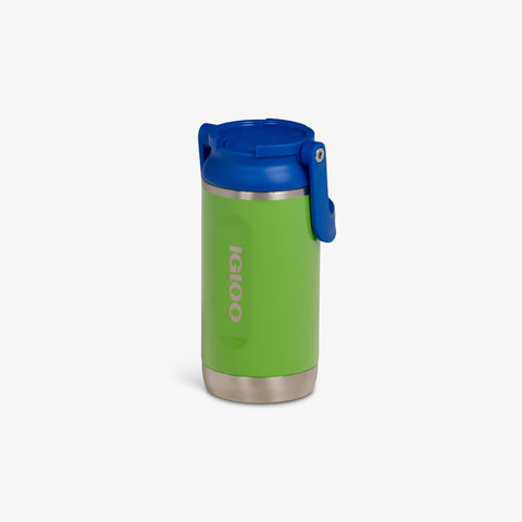 Angle View |12oz Stainless Steel Kids Bottle::Nuclear Green/Majestic Blue::Fits in standard cup holders
