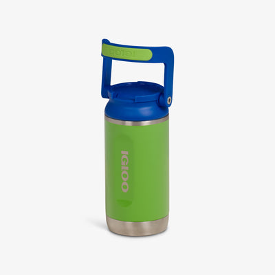 Lid View |12oz Stainless Steel Kids Bottle::Nuclear Green/Majestic Blue::Tuck Tight handle